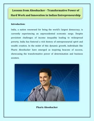 Lessons from Aboobacker - Transformative Power of Hard Work and Innovation in Indian Entrepreneurship