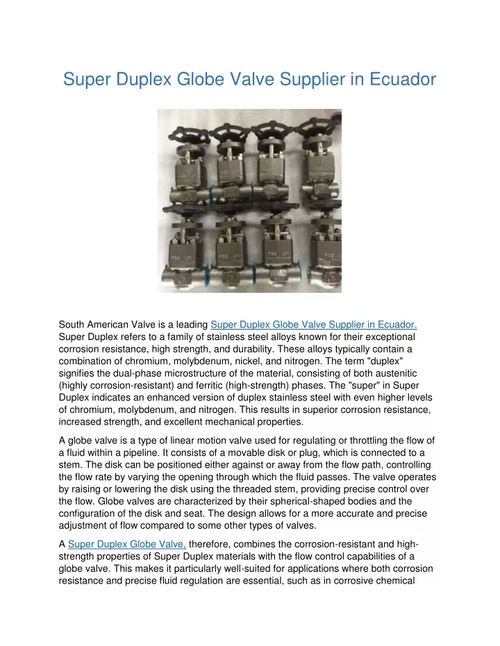 super duplex globe valve supplier in ecuador