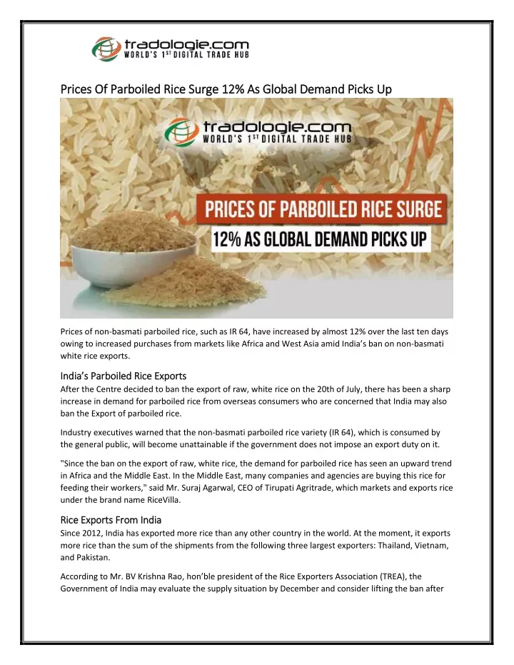 prices of parboiled rice surge 12 as global