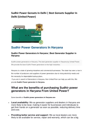 Sudhir Power Gensets In Delhi | Best Gensets Supplier In Delhi (United Power)