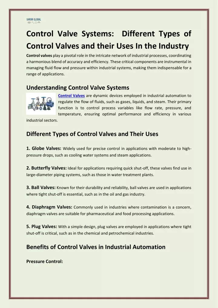 control valve systems different types of control