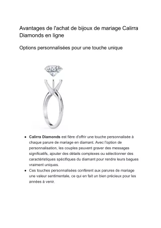 Avantages de l'achat de bijoux de mariage Calirra Diamonds en ligne