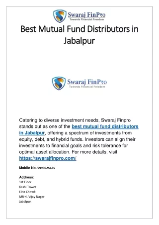 Best Mutual Fund Distributors in Jabalpur