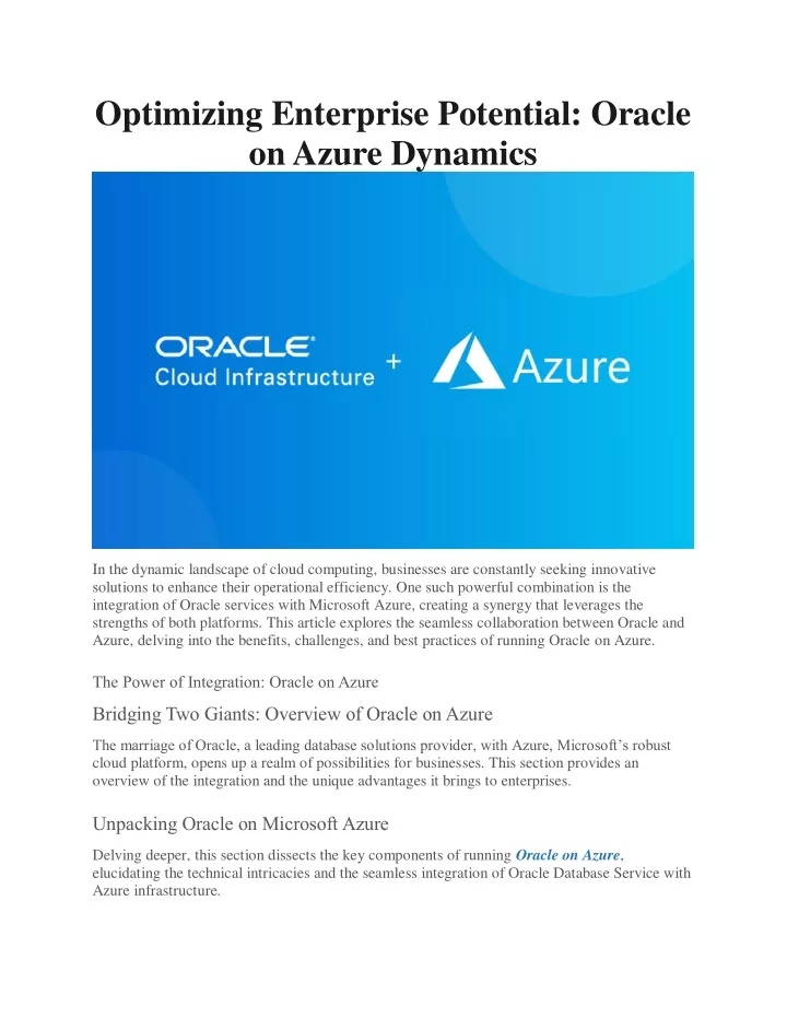 optimizing enterprise potential oracle on azure