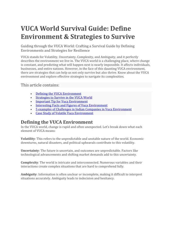 vuca world survival guide define environment