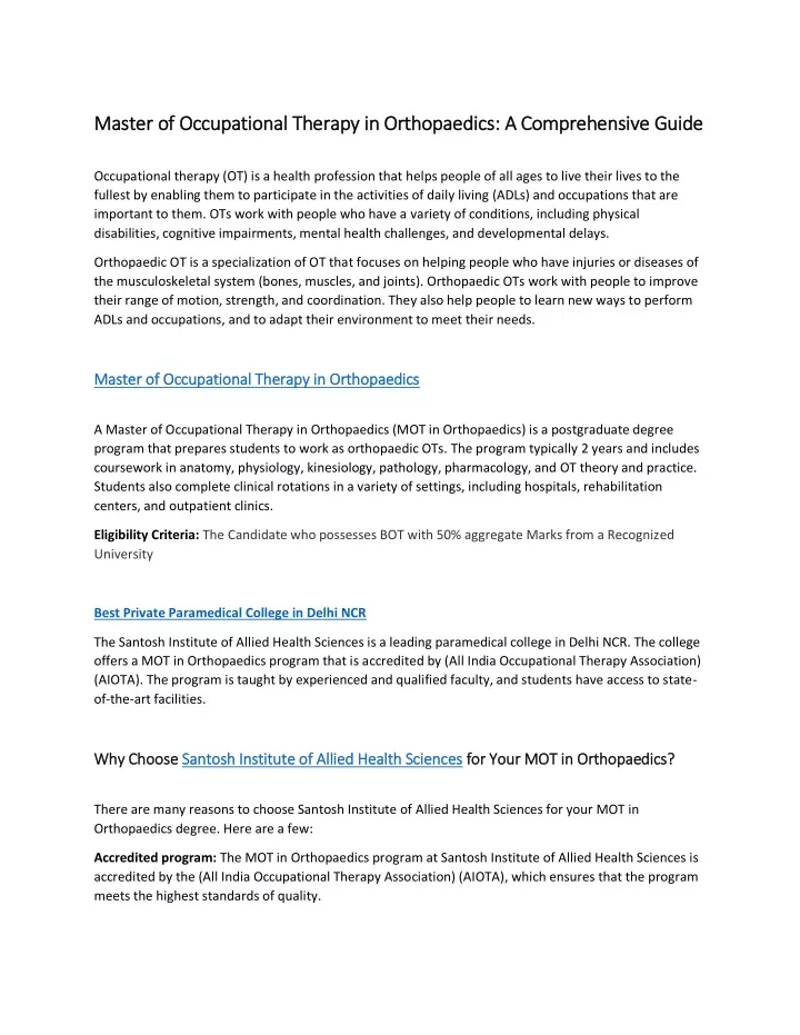 master of occupational therapy in orthopaedics