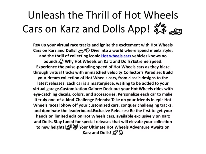 unleash the thrill of hot wheels cars on karz and dolls app