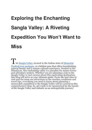 Exploring the Enchanting Sangla Valley_ A Riveting Expedition You Won’t Want to Miss