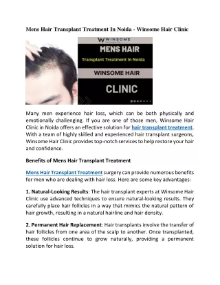 Mens Hair Transplant Treatment In Noida - Winsome Hair Clinic