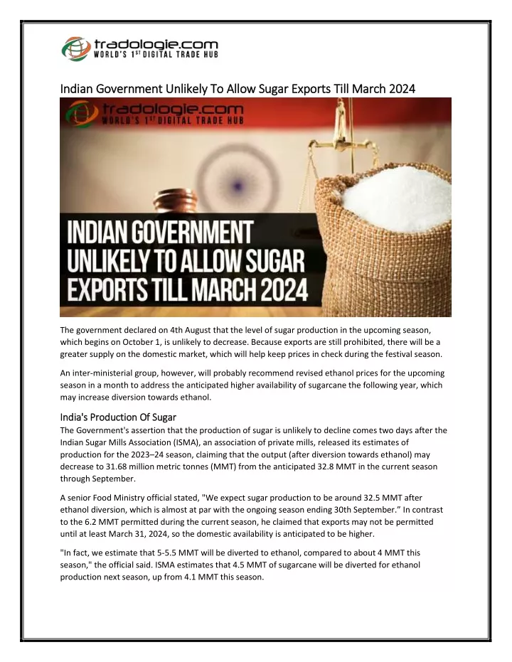 indian government unlikely to allow sugar exports