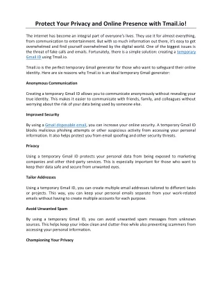 Protect Your Privacy and Online Presence with Tmail.io!