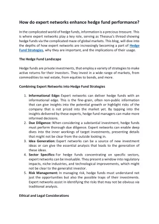 How do expert networks enhance hedge fund performance