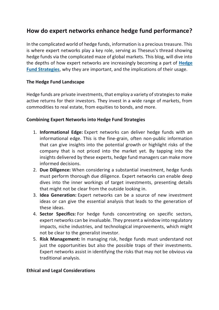 how do expert networks enhance hedge fund