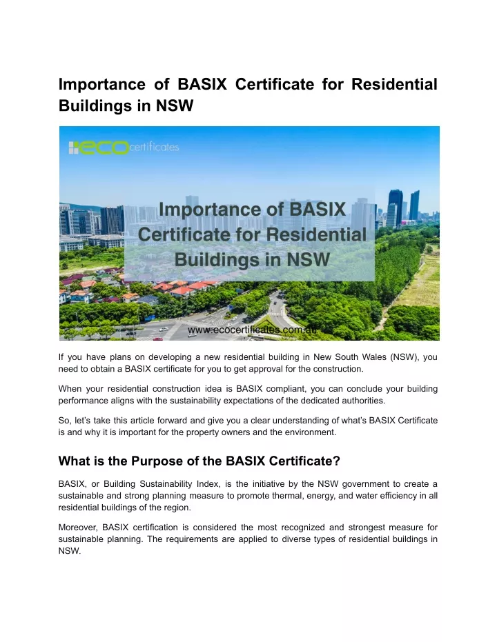 importance of basix certificate for residential