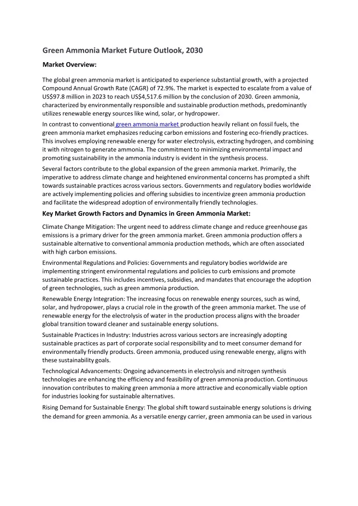 green ammonia market future outlook 2030 market