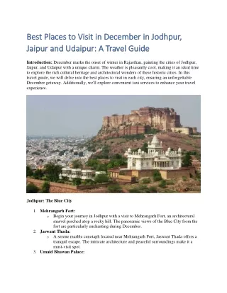 Best Places to Visit in December in Jodhpur, Jaipur and Udaipur: A Travel Guide
