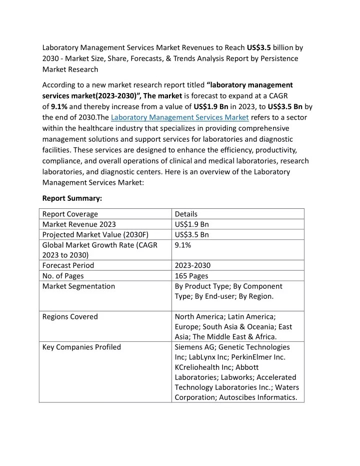 laboratory management services market revenues