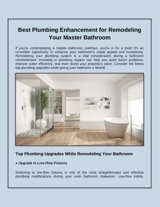 Best Plumbing Enhancement for Remodelling Your Master Bathroom