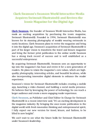 Clark Swanson's Swanson World Interactive Media Acquires Swimsuit Illustrated® & Revives Iconic Magazine for Digital Age