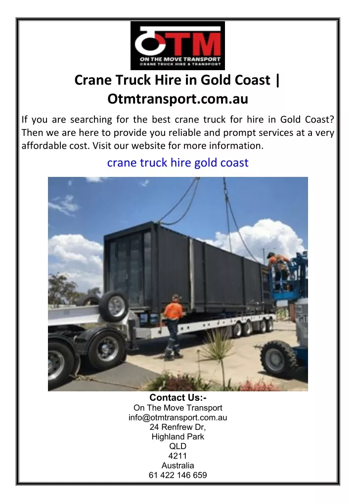 crane truck hire in gold coast otmtransport com au