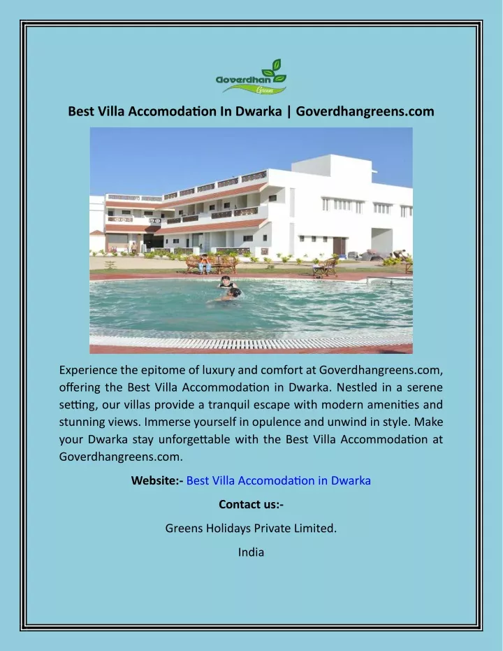 best villa accomodation in dwarka goverdhangreens