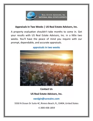 Appraisals In Two Weeks   US Real Estate Advisors, Inc.
