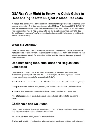 DSARs: Your Right to Know - A Quick Guide to Responding to Data Subject Access R