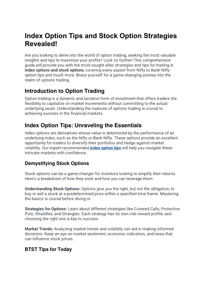 index option tips and stock option strategies