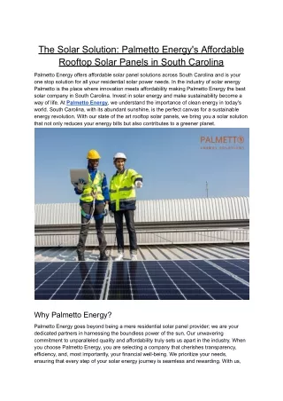 Palmetto Energy's Affordable Rooftop Solar Panels in South Carolina