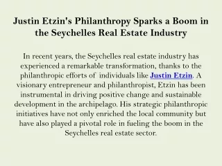 Justin Etzin - Philanthropy Sparks a Boom in the Seychelles Real Estate Industry