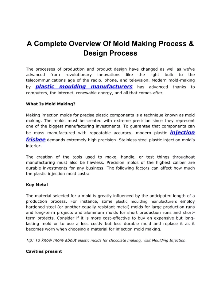 a complete overview of mold making process design