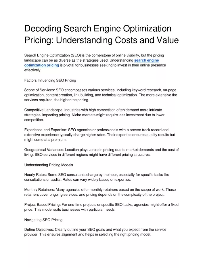 decoding search engine optimization pricing understanding costs and value