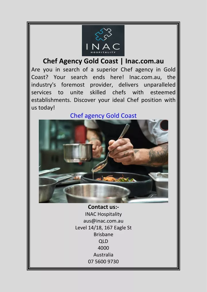 chef agency gold coast inac