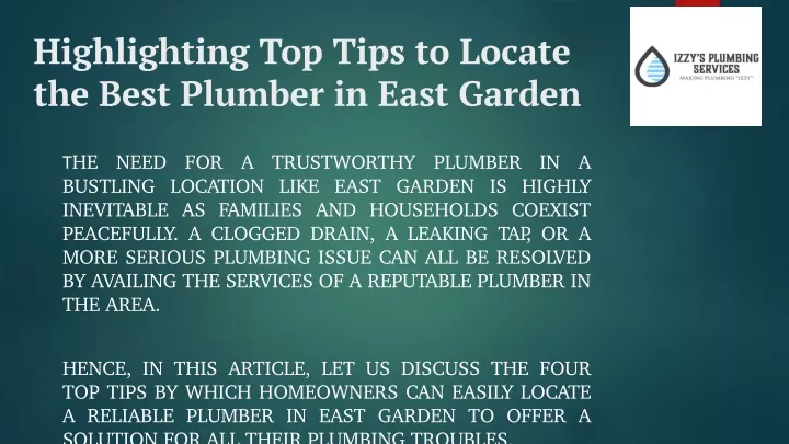 highlighting top tips to locate the best plumber in east garden