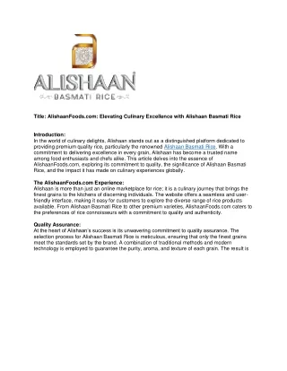 Elevating Culinary Excellence with Alishaan Basmati Rice