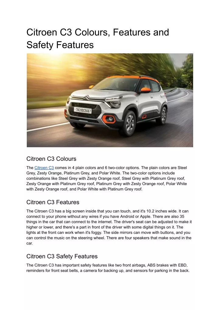 citroen c3 colours features and safety features