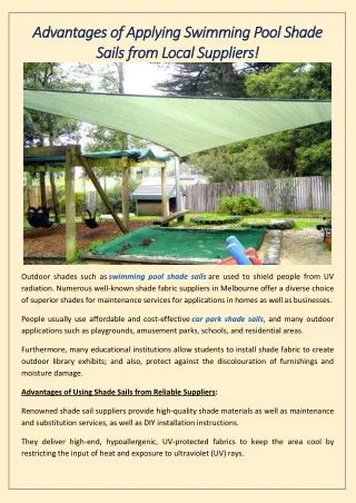 Advantages of Applying Swimming Pool Shade Sails from Local Suppliers!