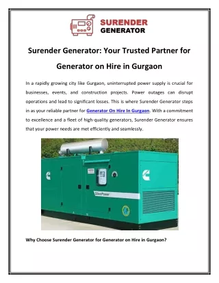 Surender Generator Your Trusted Partner for Generator on Hire in Gurgaon