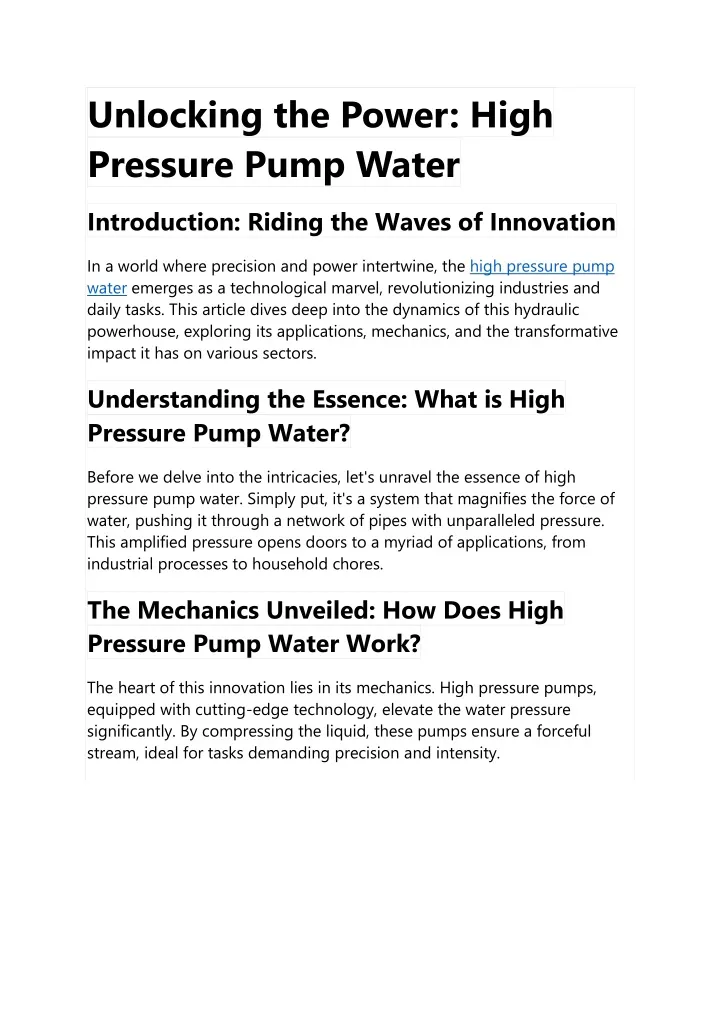 unlocking the power high pressure pump water