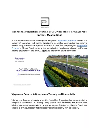 Aashrithaa Properties_ Crafting Your Dream Home in Vijayashree Enclave, Mysore Road