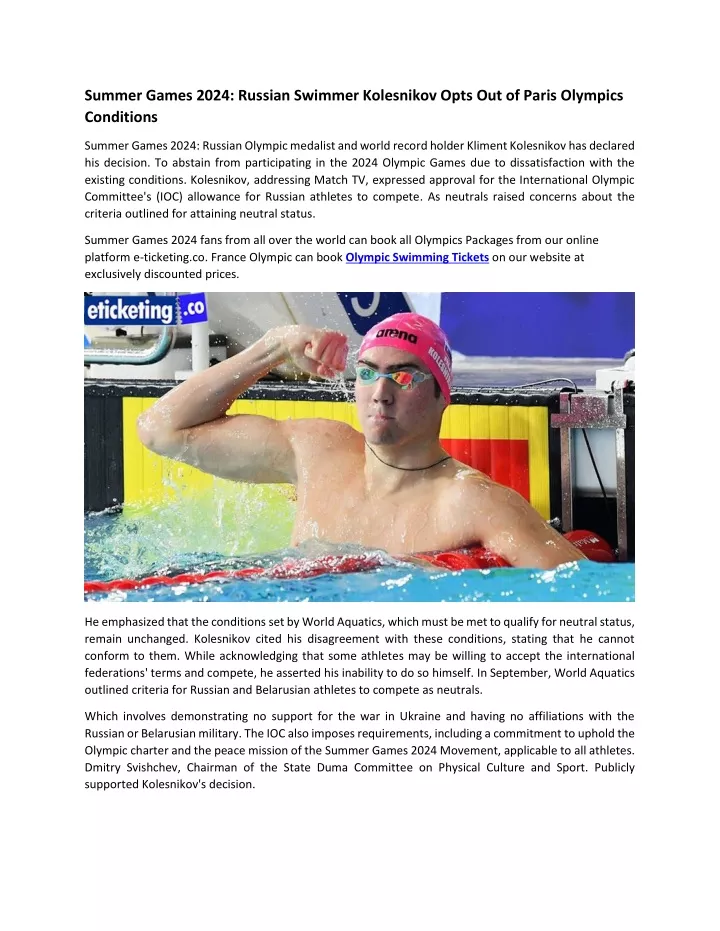 summer games 2024 russian swimmer kolesnikov opts
