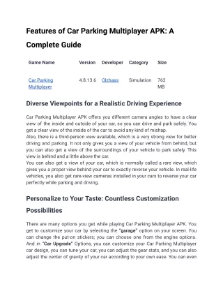 Features of Car Parking Multiplayer APK- A Complete Guide