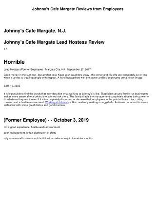 Johnny's Cafe Margate Reviews from Employees