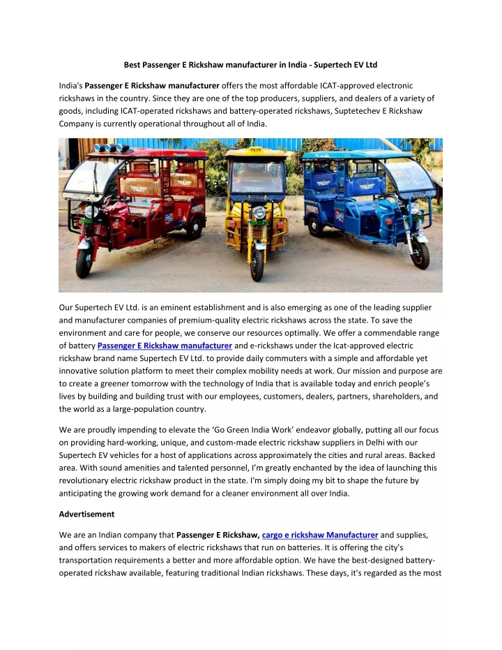 best passenger e rickshaw manufacturer in india
