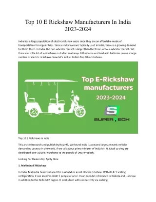 Top 10 E Rickshaw Manufacturers In India