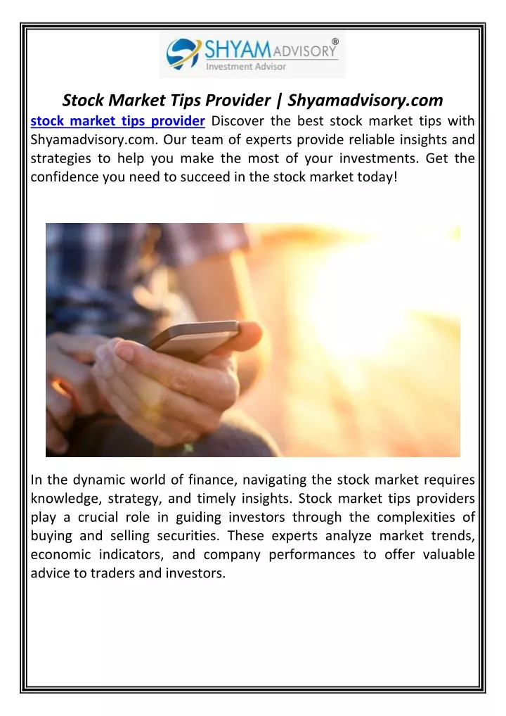stock market tips provider shyamadvisory