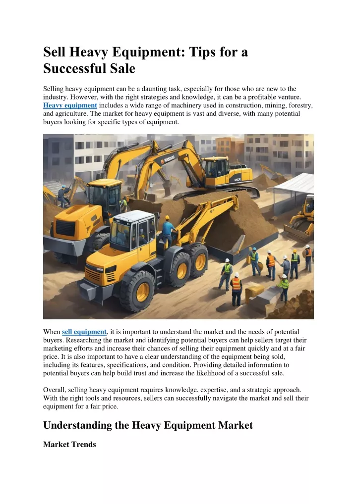 sell heavy equipment tips for a successful sale