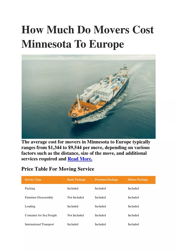 how much do movers cost minnesota to europe