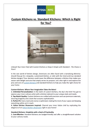 Stosa Cucine - Custom Kitchens vs. Standard Kitchens: Which is Right for You?