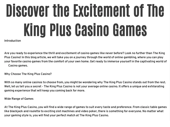 discover the excitement of the king plus casino
